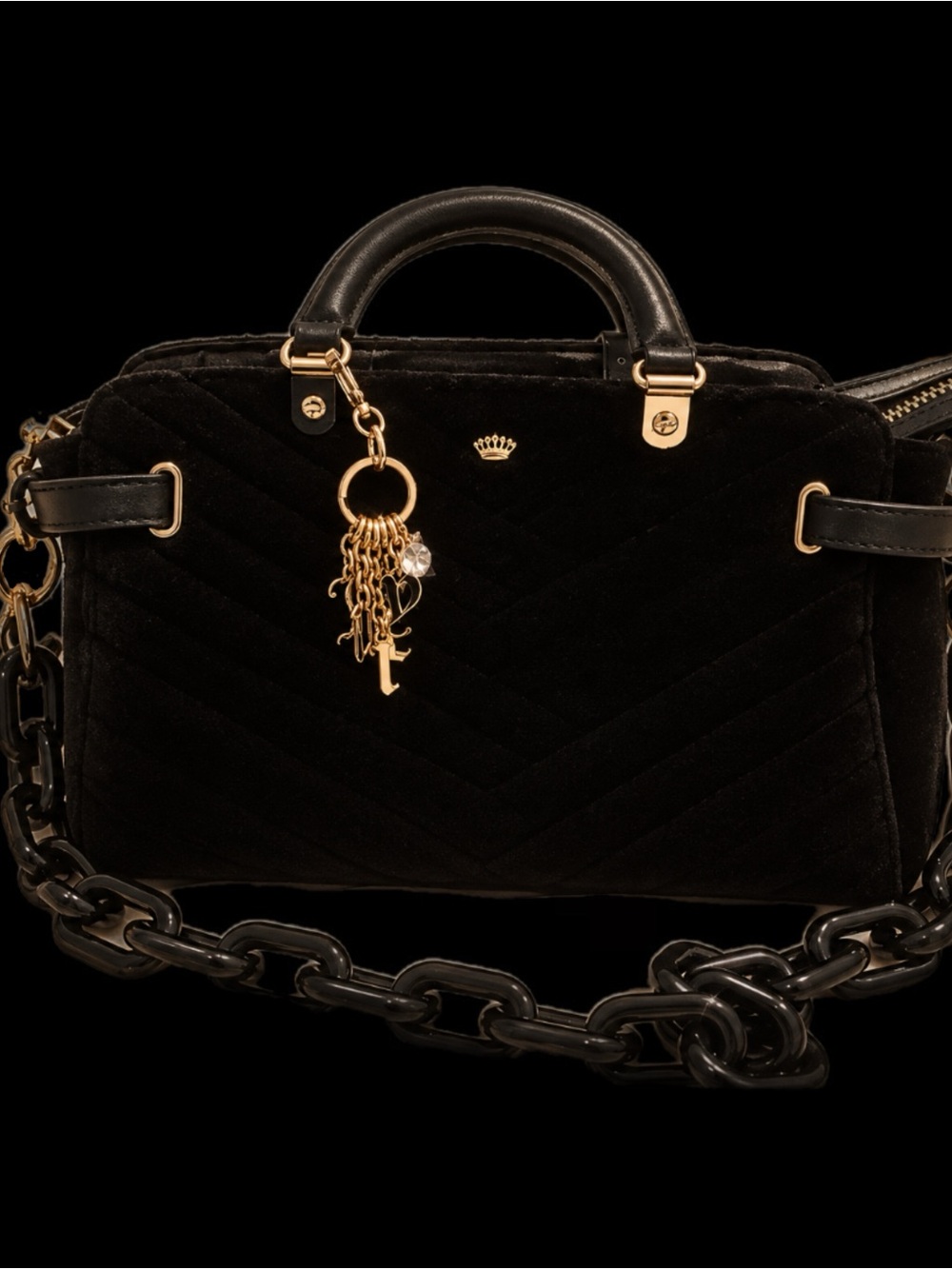 Juicy Couture Black Quilted Velvet Satchel with Gold Accents
